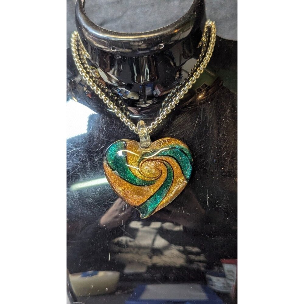 3 for $20 Artisan Dichroic Black Gold Silver Green Heart Glass Pendant